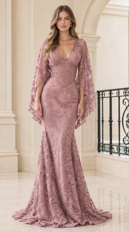 Front view of Dusty Rose lace cape sleeve mermaid formal gown