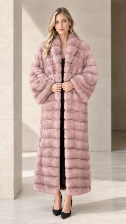 Model wearing dusty pink horizontal paneled faux fur maxi coat