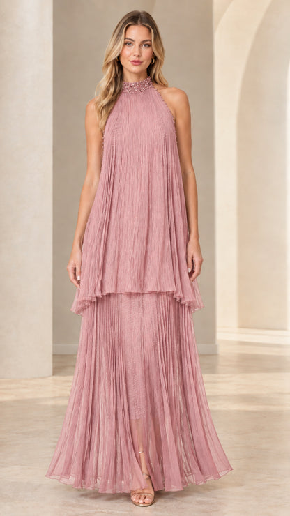 Dusty Pink pleated tiered halter neck maxi dress