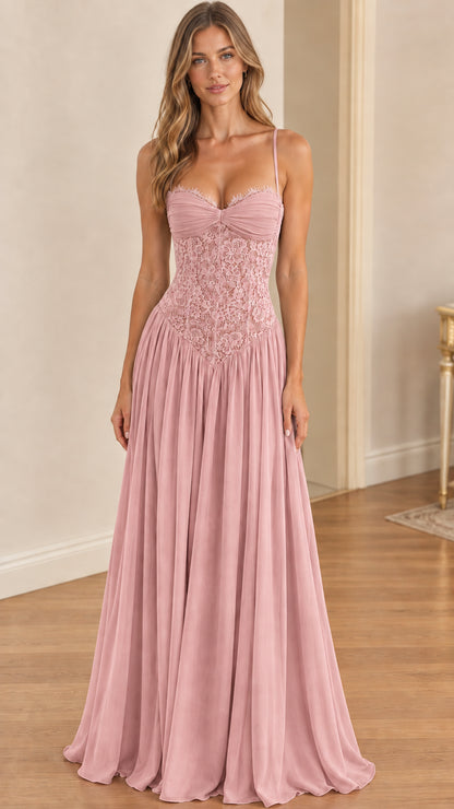 Model wearing dusty rose lace corset A-line evening gown