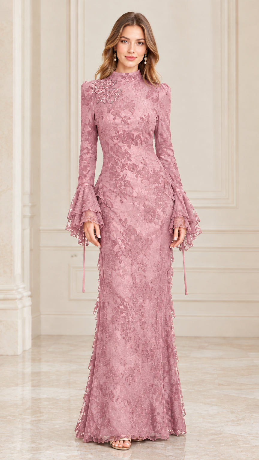 Dusty rose pink floral lace formal maxi gown with tiered bell sleeves