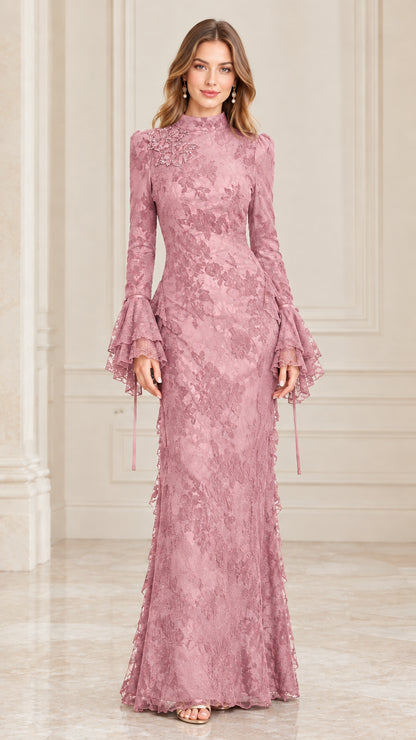 Dusty rose pink floral lace formal maxi gown with tiered bell sleeves