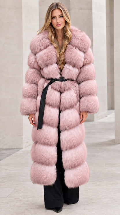 Front full-length view of woman wearing dusty pink long tiered faux fur coat with belt
