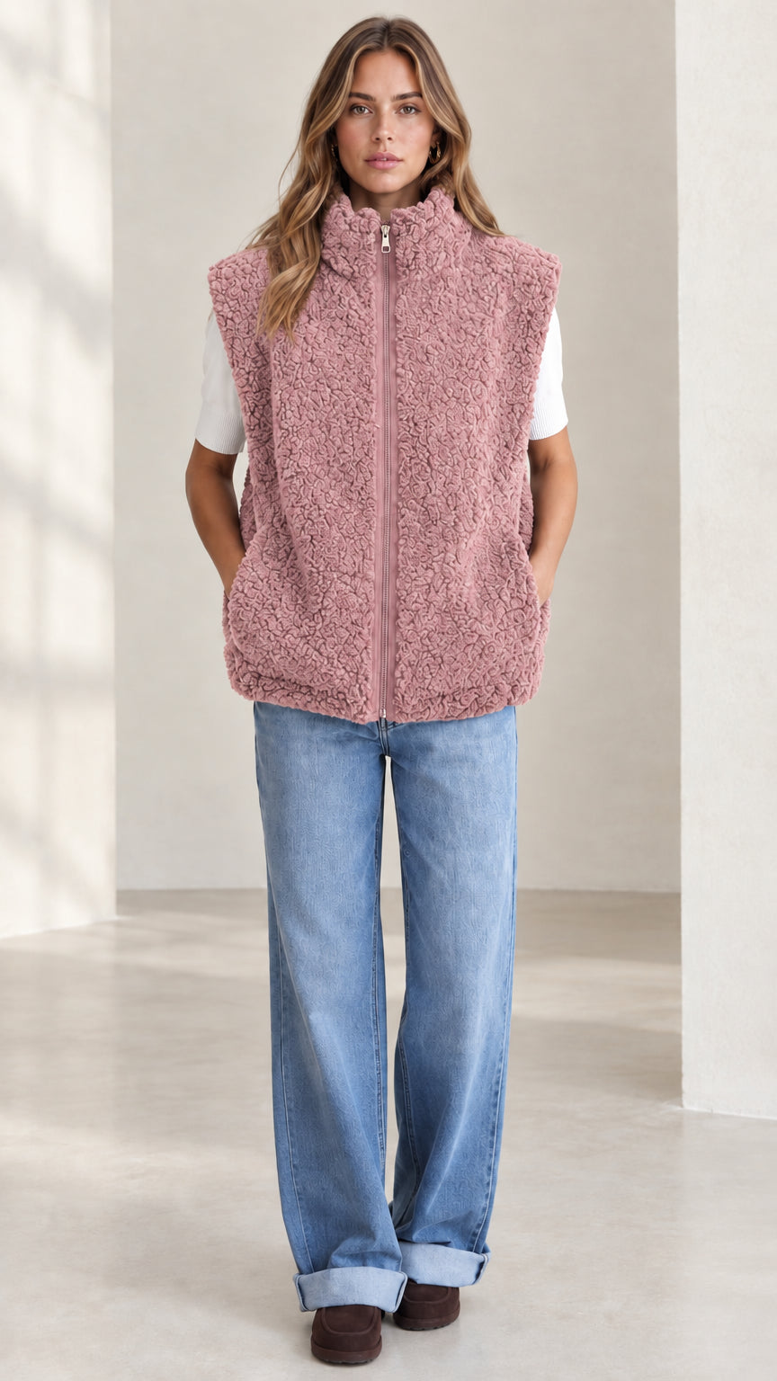 Front view of woman wearing dusty pink sherpa fleece zip-up vest