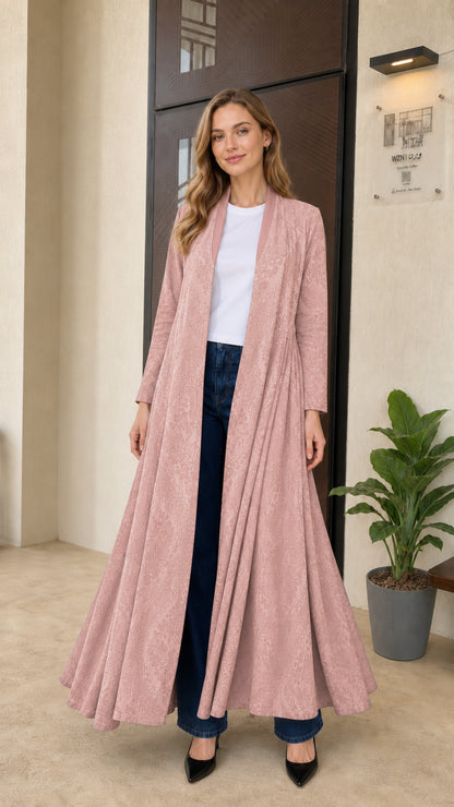 Front full-length view of dusty rose pink pleated open-front maxi duster coat
