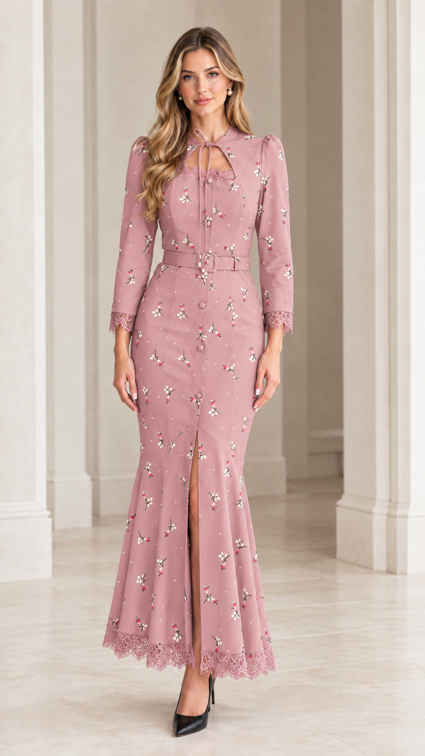 Dusty rose pink floral keyhole mermaid maxi dress with waist belt and lace trim
