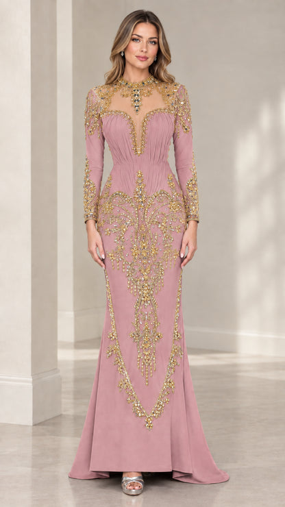 Dusty pink long sleeve evening gown with intricate gold beadwork and mermaid silhouette