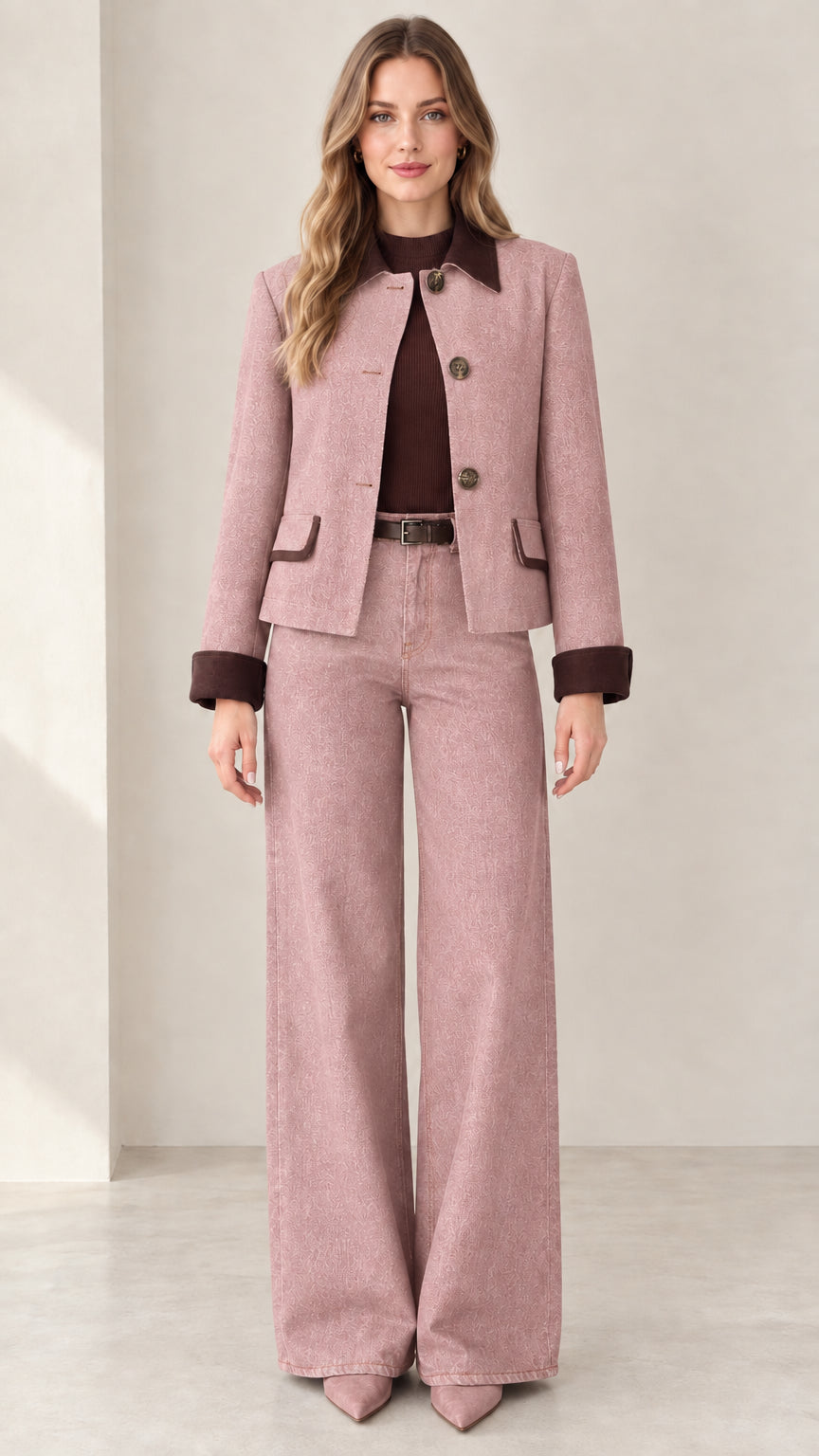 Model wearing Dusty Pink tailored denim jacket and wide-leg pants set