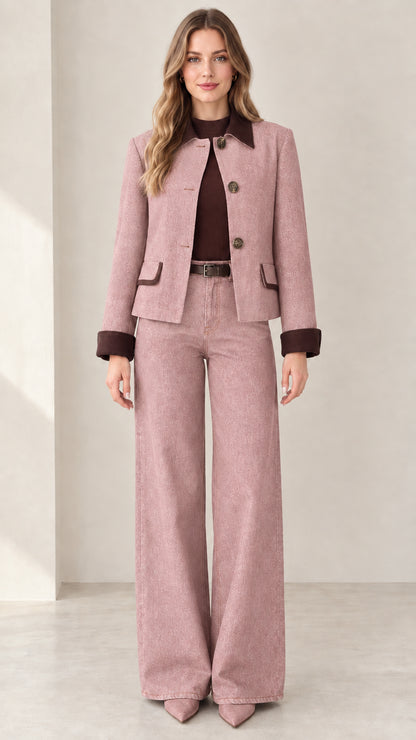 Model wearing Dusty Pink tailored denim jacket and wide-leg pants set