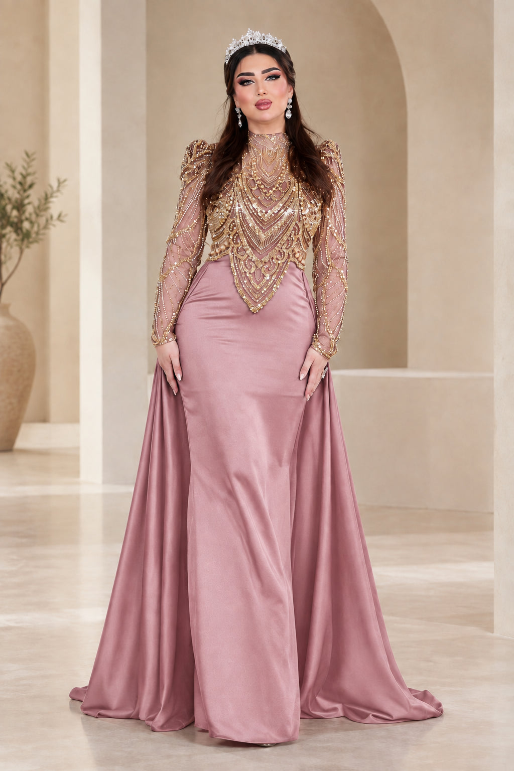 Front view of dusty rose pink formal gown with gold beaded high-neck bodice