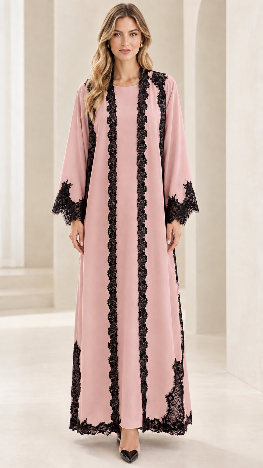 Full-length dusty pink modest abaya dress with black lace trims