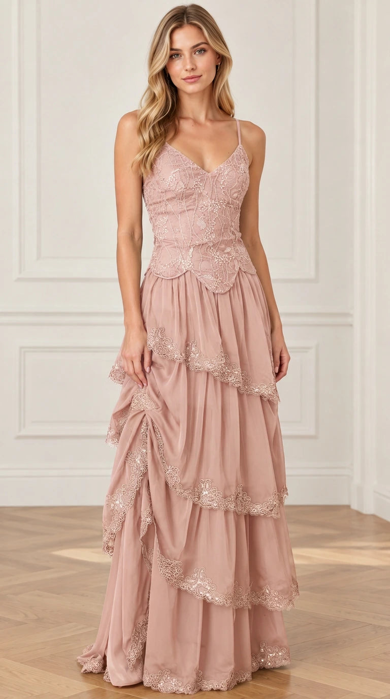 Dusty rose tiered ruffle formal gown with spaghetti straps