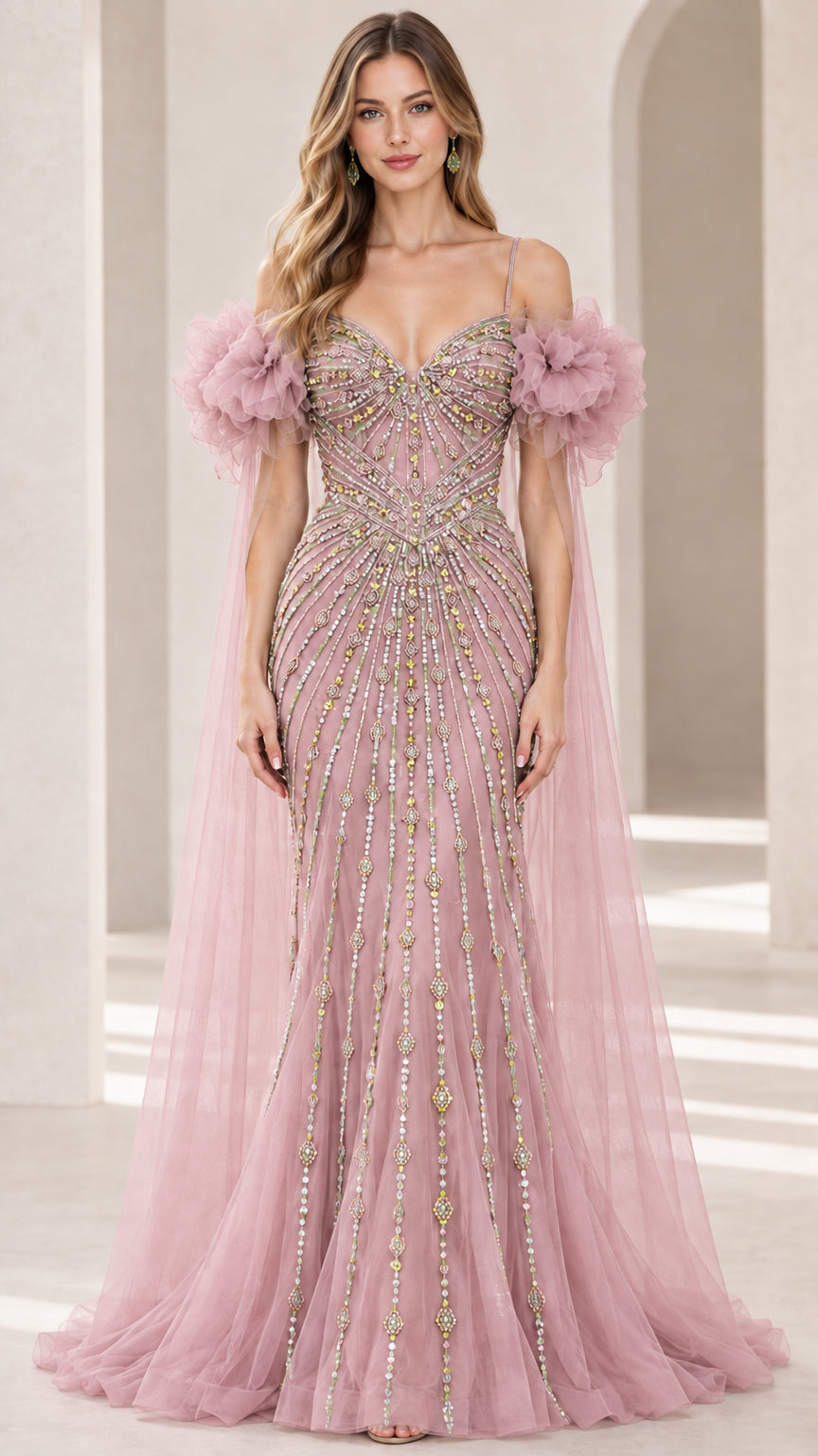 Front view of dusty pink beaded sweetheart formal dress with pink cape drapes