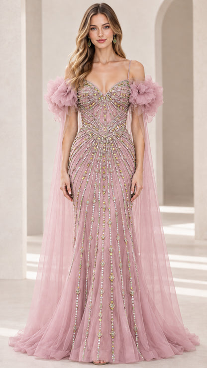 Front view of dusty pink beaded sweetheart formal dress with pink cape drapes