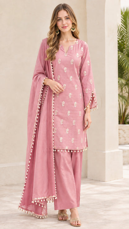 Dusty pink monochromatic embroidered kurta suit set with matching dupatta