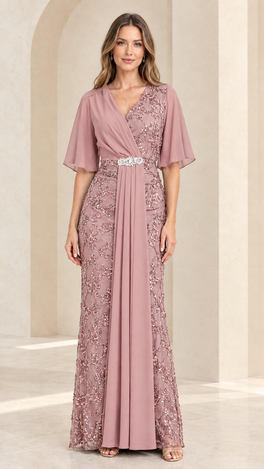 Dusty rose sequin lace mother of the bride maxi dress with flutter sleeves