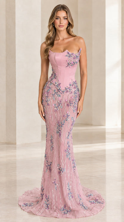 Dusty pink strapless corset mermaid evening gown with floral embroidery