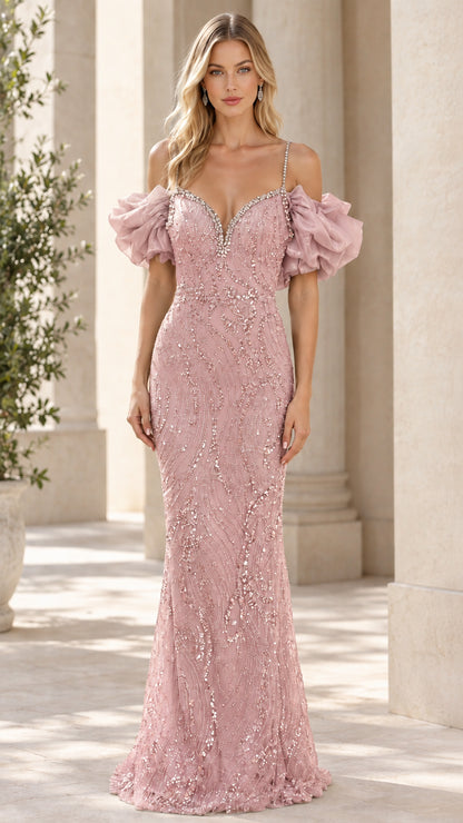 Front view of the blush pink beaded evening gown with delicate ruffled off-shoulder sleeves