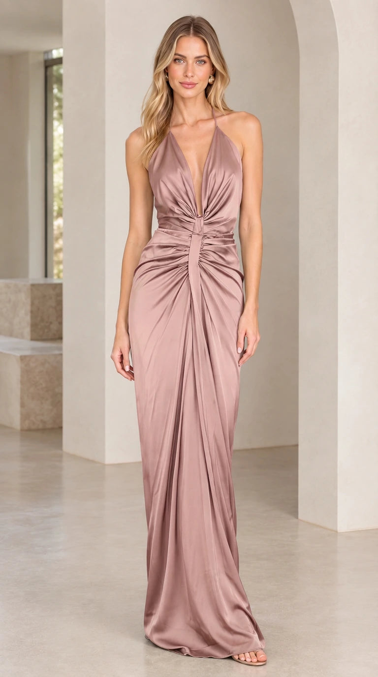 Front view of dusty rose satin plunge halter formal dress