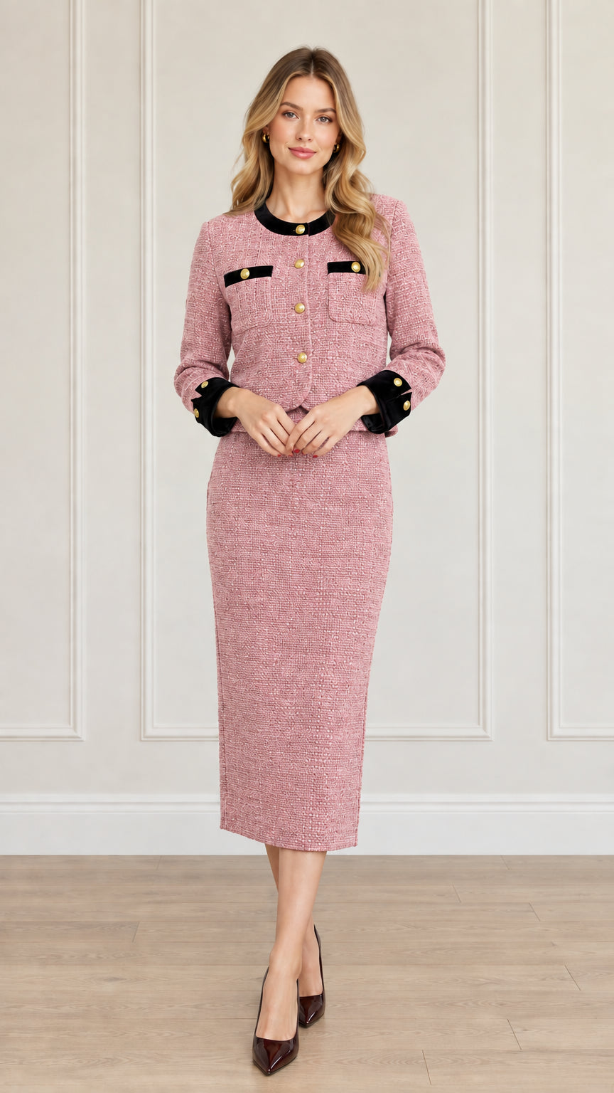 Full-length front view of women's dusty pink tweed skirt suit set with black trim
