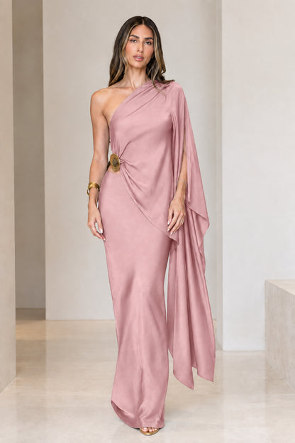 Front view of model wearing dusty rose pink one-shoulder draped satin maxi dress