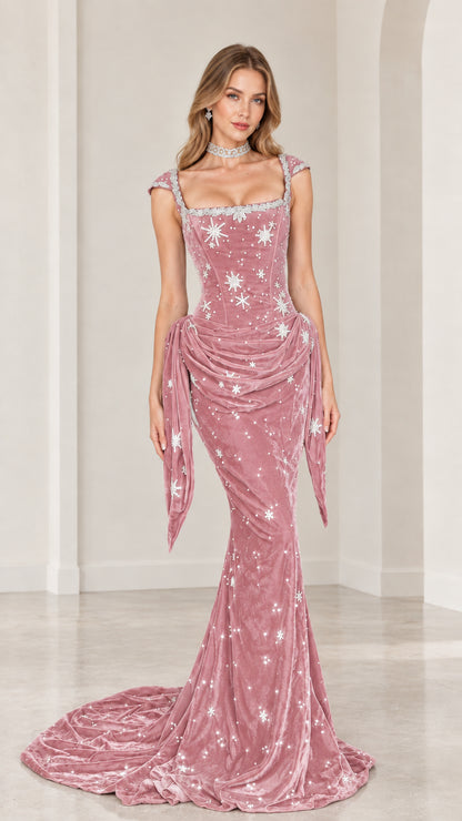 Dusty pink velvet celestial embellished evening gown