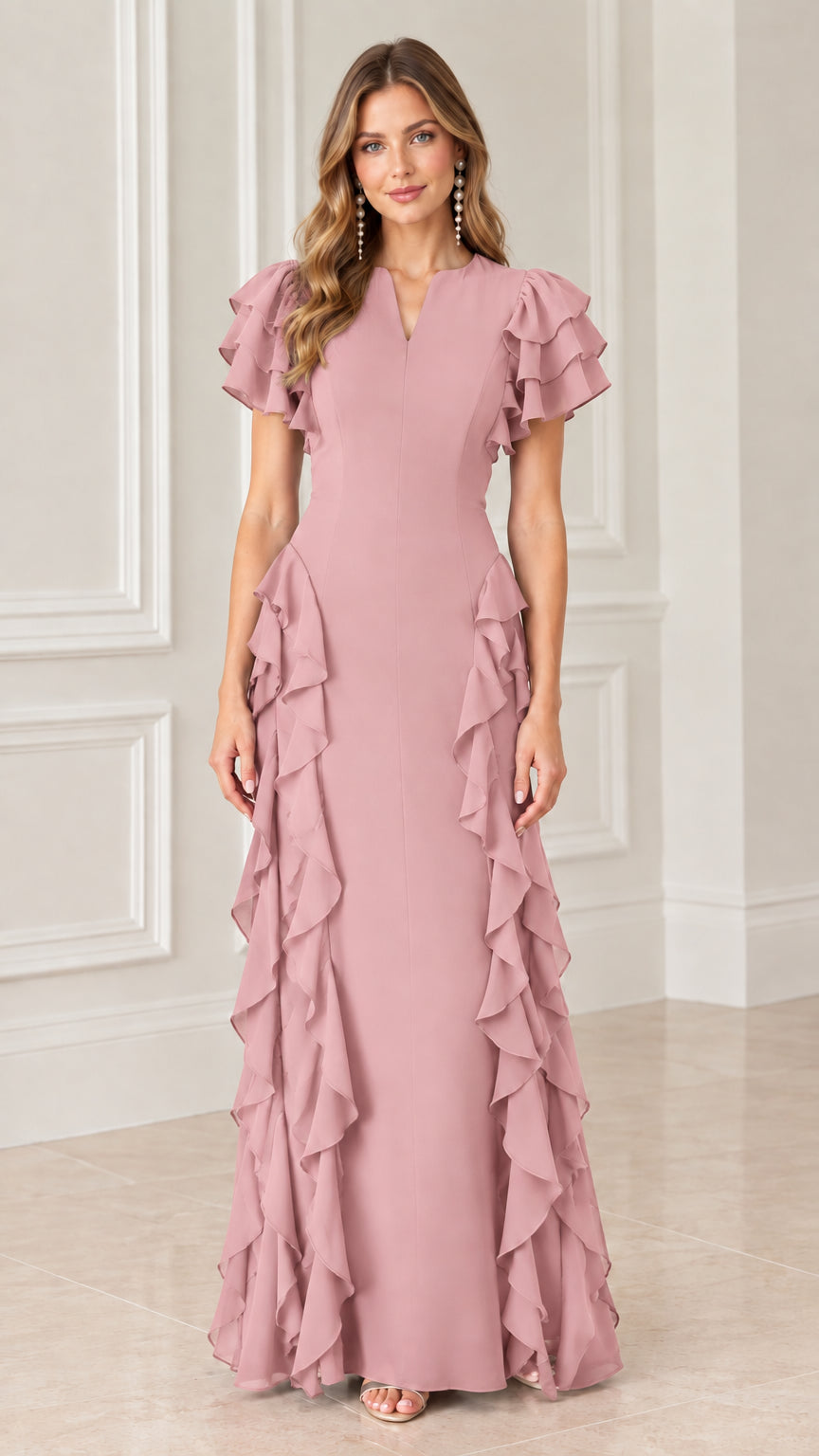 Front view of model wearing dusty pink split V-neck ruffle evening maxi dress