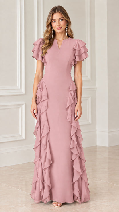 Front view of model wearing dusty pink split V-neck ruffle evening maxi dress