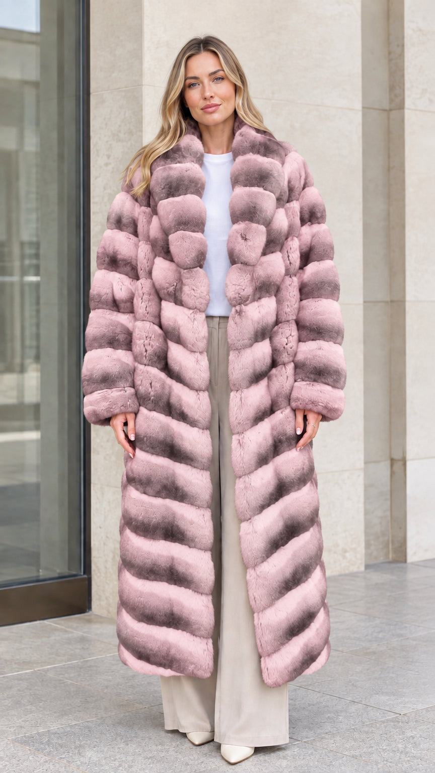Model wearing Dusty Pink full-length tiered plush faux fur coat