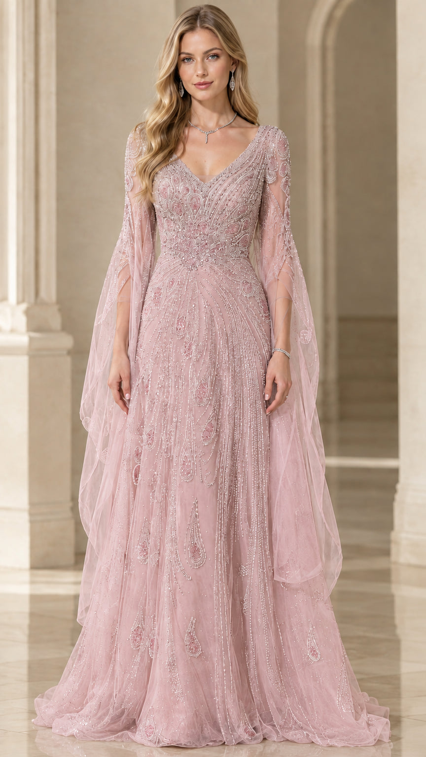 Full-length front view of dusty pink embroidered evening dress with sheer flutter sleeves