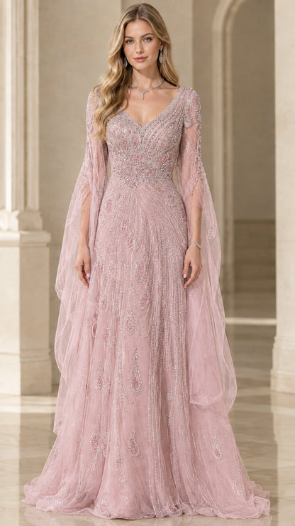 Full-length front view of dusty pink embroidered evening dress with sheer flutter sleeves