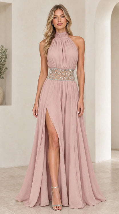 Dusty Rose pleated halter neck formal evening gown with crystal waistband