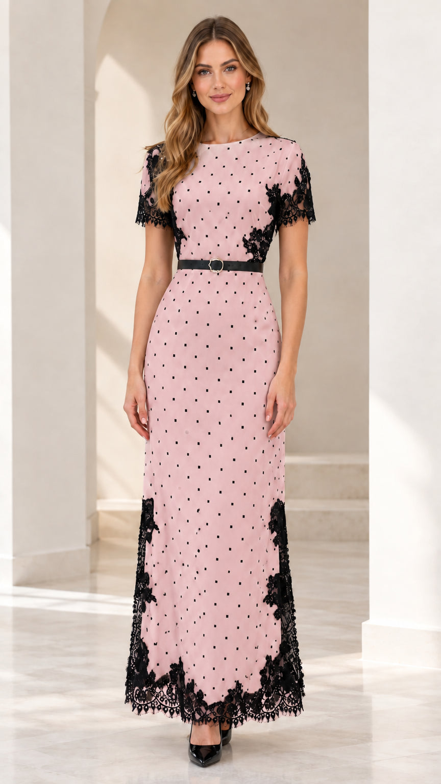 Model wearing pink polka dot maxi dress with black lace trim and belt