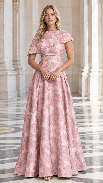 Model wearing Blush Pink floral jacquard floor-length formal gown