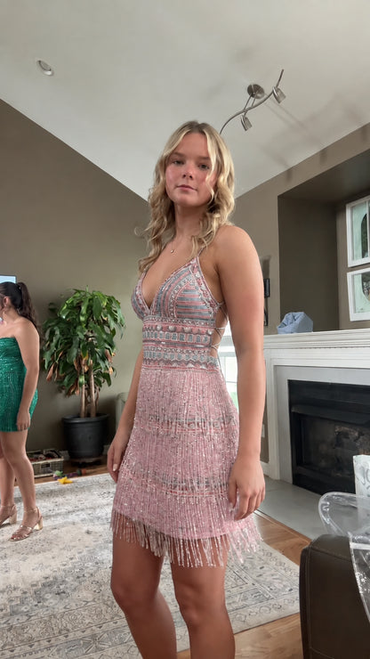 Front view of blush pink beaded sequin fringe mini dress
