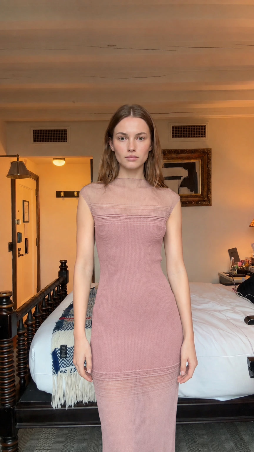 Front view of model wearing dusty rose illusion sleeveless ribbed knit maxi dress