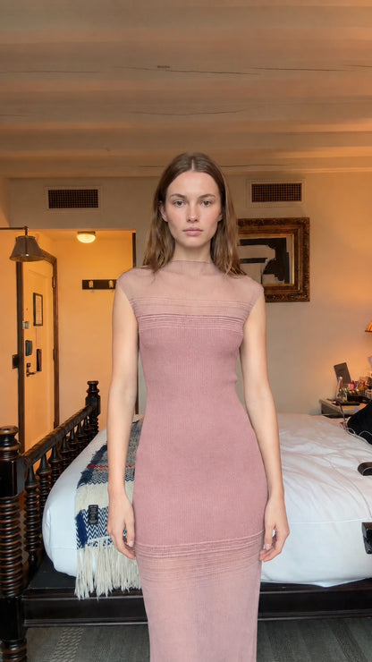 Front view of model wearing dusty rose illusion sleeveless ribbed knit maxi dress