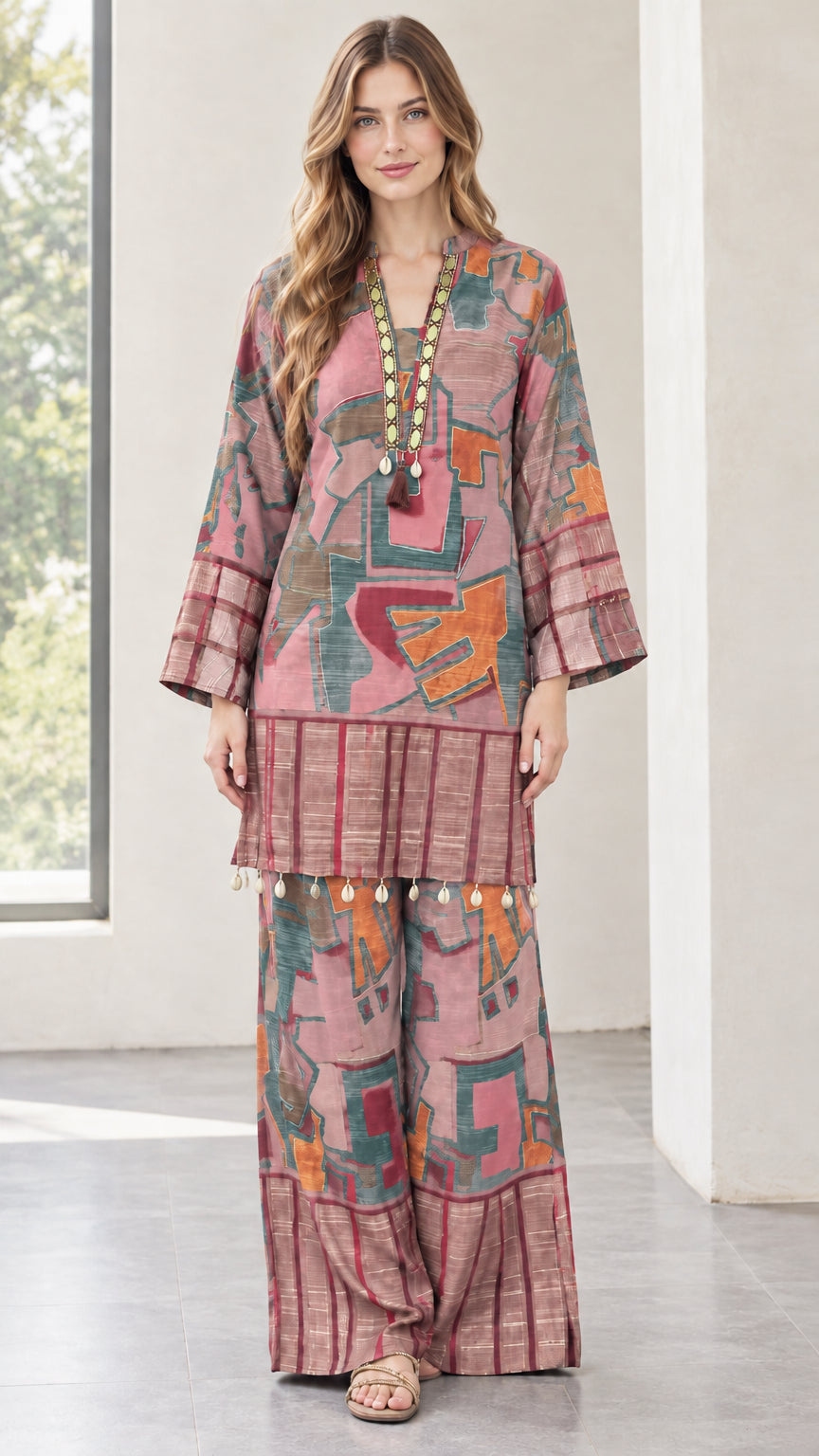 Front view of dusty rose pink patterned two-piece tunic and pants set