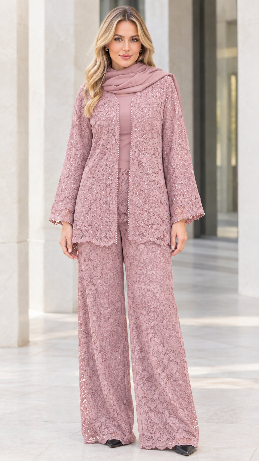 Full-body view of dusty rose pink sequined floral lace pant suit set with scarf