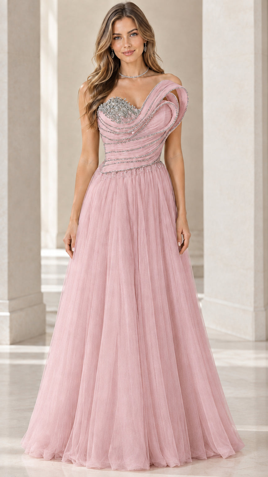 Front view of blush pink asymmetric beaded tulle formal evening gown