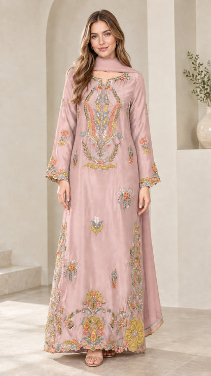Dusty pink floral embroidered kaftan dress with draped scarf