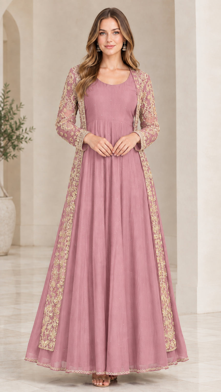 Dusty pink floor-length gown with ornate gold embroidered sheer jacket