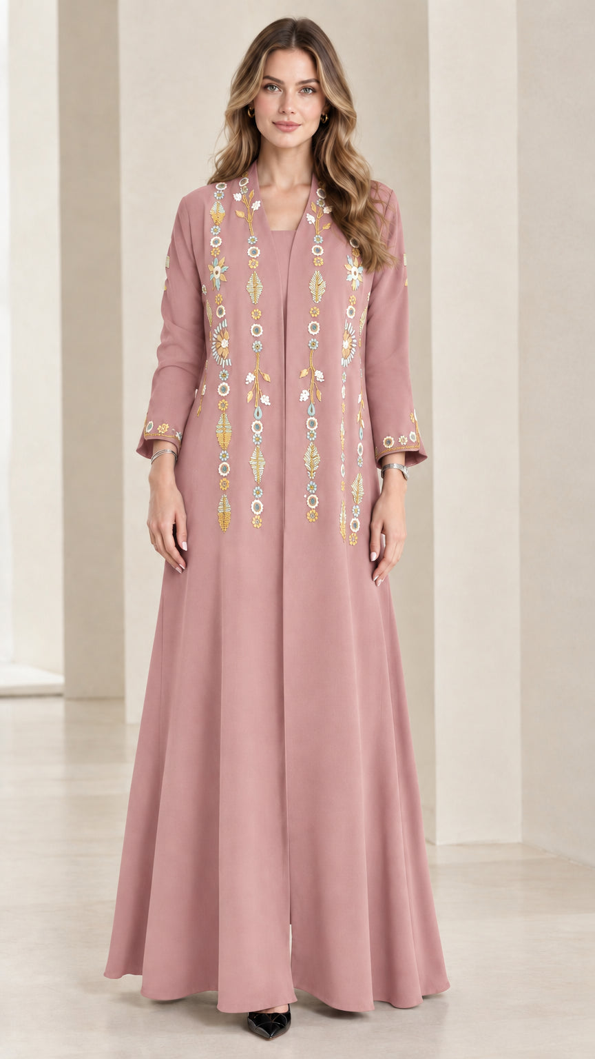 Front view of dusty pink embroidered maxi dress