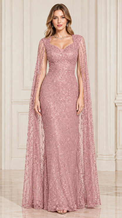 Front view of dusty pink sequin floor-length cape sleeve gown