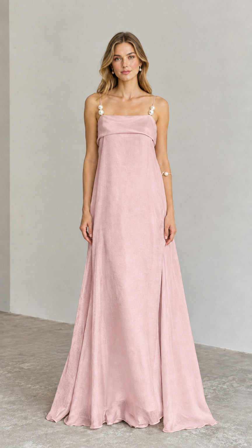 Dusty pink pearl strap draped maxi dress front view