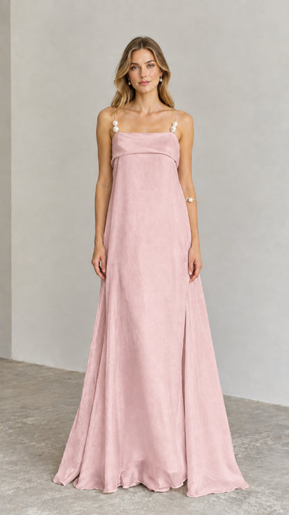Dusty pink pearl strap draped maxi dress front view