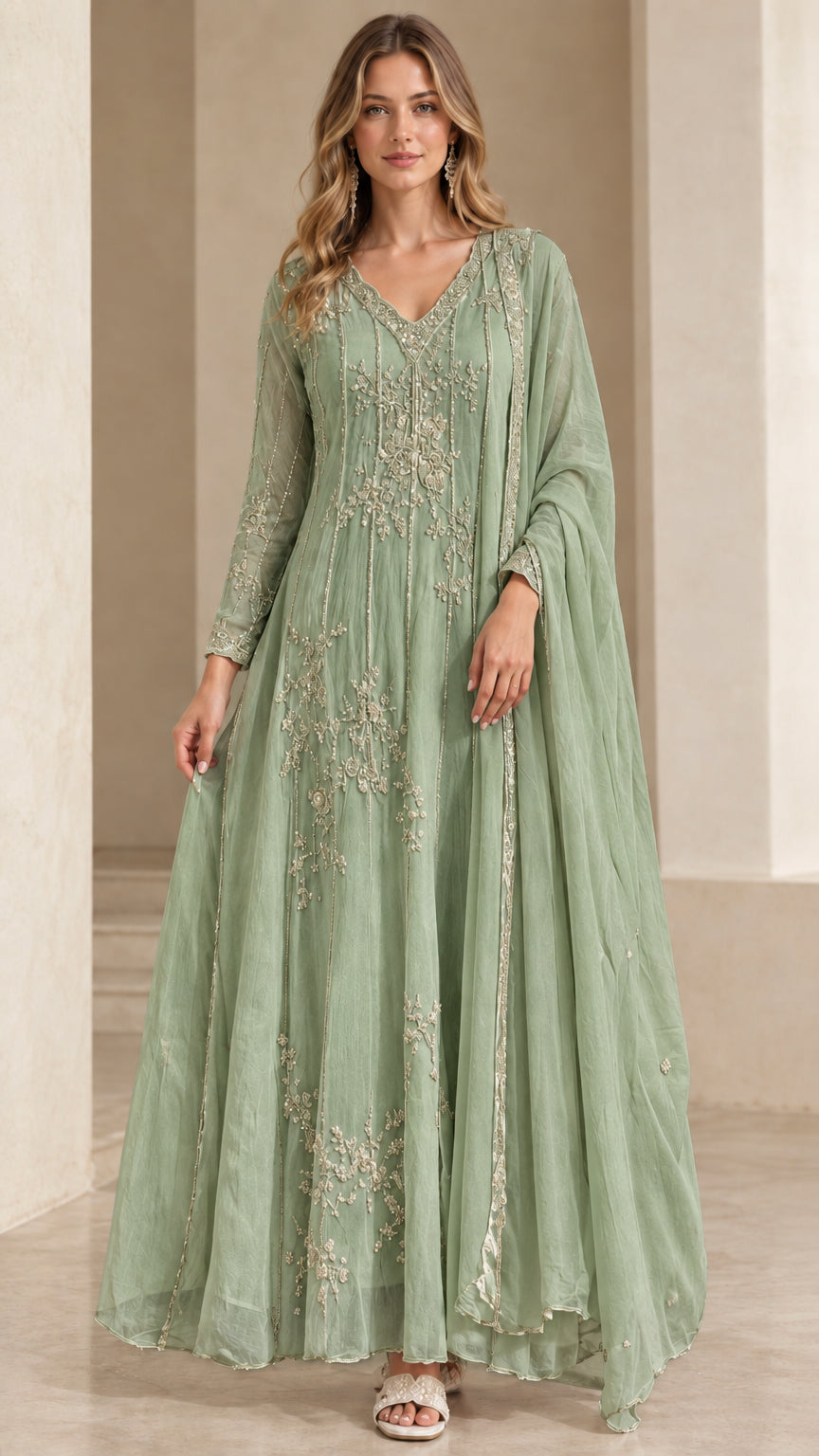 Model wearing sage green embroidered long sleeve maxi dress with drape