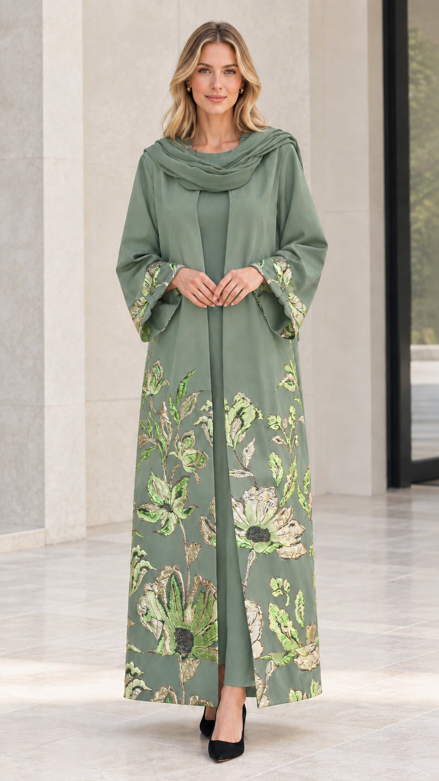 Model wearing Sage Green embroidered open abaya set with matching scarf