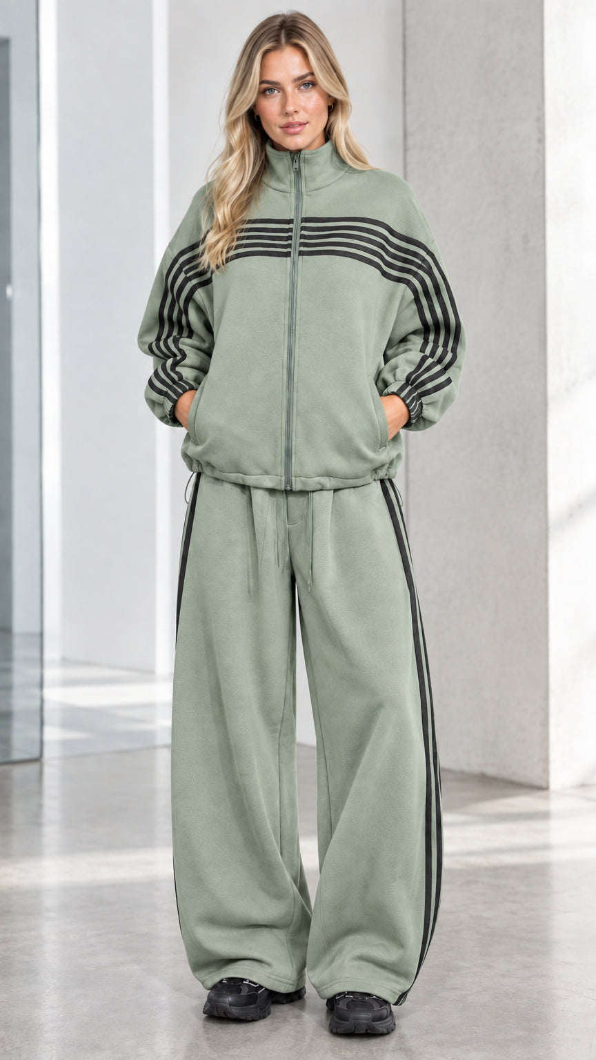Front full view of woman wearing Sage Green striped zip-up track jacket and wide-leg sweatpants set