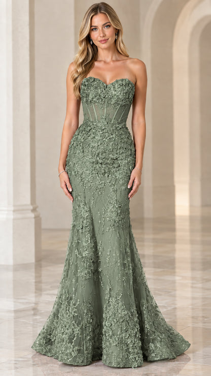 Front full view of sage green strapless floral applique mermaid gown